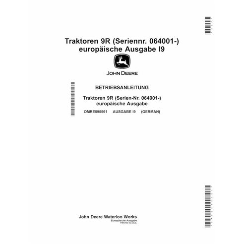 JD-OMRE595561-DE John Deere 9370R, 9420R, 9470R, 9520R, 9570R, 9620R, 9R tractor operator's manual DE (OMRE595561)