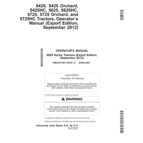 John Deere 5425, 5625, 5725, 5725HC, 5425HC, 5625HC, 5725N manual del operador del tractor pdf - John Deere manuales - JD-OMS...