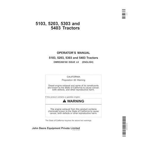 JD-OMRE268160 Manuel d'utilisation du tracteur John Deere 5103, 5203, 5303, 5403 (OMRE268160)