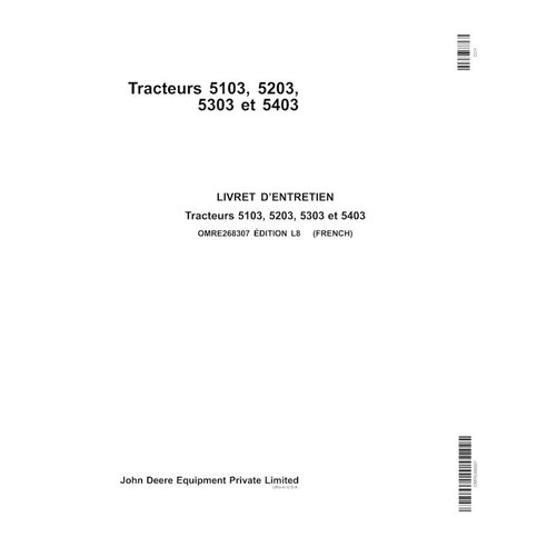 John Deere 5103, 5203, 5303, 5403 trator pdf manual do operador FR - John Deere manuais - JD-OMRE268307-FR