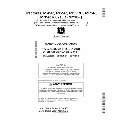JD-OMAL225968-ES Manual del operador del tractor John Deere 6145R, 6155R, 6155RH, 6175R, 6195R, 6215R MY18- ES (OMAL225968)