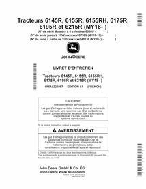 JD-OMAL225967-FR Manual del operador del tractor John Deere 6145R, 6155R, 6155RH, 6175R, 6195R, 6215R MY18- FR (OMAL225967)