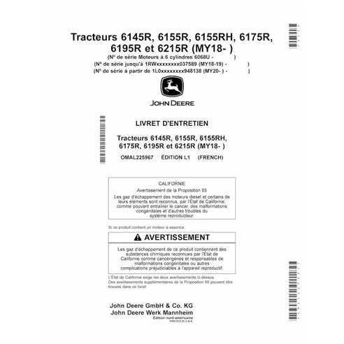 JD-OMAL225967-FR Manual do operador do trator John Deere 6145R, 6155R, 6155RH, 6175R, 6195R, 6215R MY18 - FR (OMAL225967)
