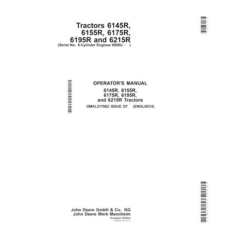 JD-OMAL217682 Manual do operador do trator John Deere 6145R, 6155R, 6155RH, 6175R, 6195R, 6215R MY15 - (OMAL217682)