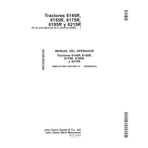 John Deere 6145R, 6155R, 6155RH, 6175R, 6195R, 6215R MY15- trator pdf manual do operador ES - John Deere manuais - JD-OMAL217...