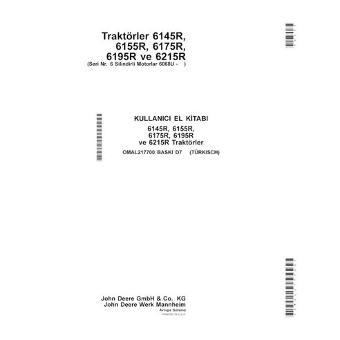 JD-OMAL217700-TR Manual del operador del tractor John Deere 6145R, 6155R, 6155RH, 6175R, 6195R, 6215R MY15- TR (OMAL217700)