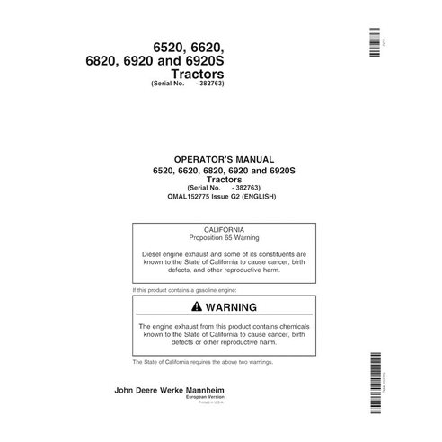 JD-OMAL152775 Manual del operador del tractor John Deere 6520, 6620, 6820, 6920, 6920S SN Issue G2 (OMAL152775)