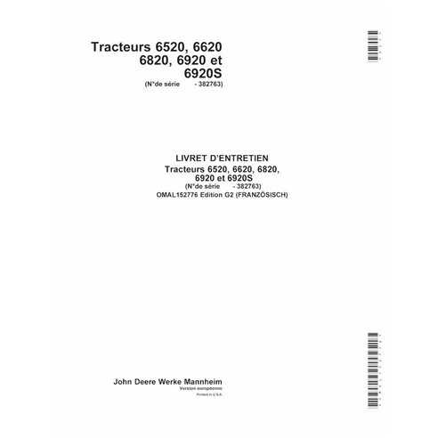 John Deere 6520, 6620, 6820, 6920, 6920S SN Edição G2 trator pdf manual do operador FR - John Deere manuais - JD-OMAL152776-FR