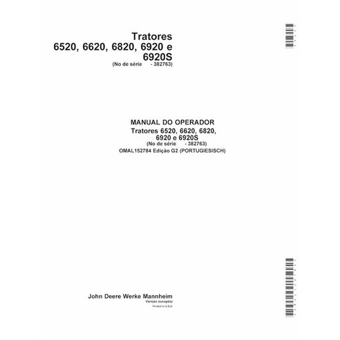 John Deere 6520, 6620, 6820, 6920, 6920S SN Edição G2 trator pdf manual do operador PT - John Deere manuais - JD-OMAL152784-PT