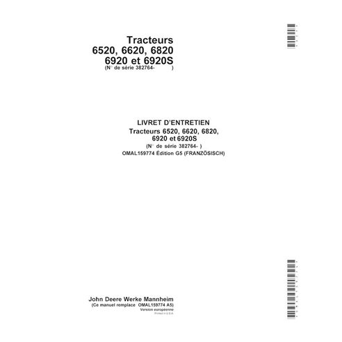 John Deere 6520, 6620, 6820, 6920, 6920S SN 382763- trator pdf manual do operador FR - John Deere manuais - JD-OMAL159774-FR