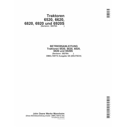 John Deere 6520, 6620, 6820, 6920, 6920S SN 382763- manuel d'utilisation du tracteur pdf DE - John Deere manuels - JD-OMAL159...