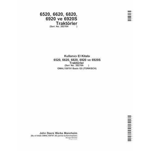 John Deere 6520, 6620, 6820, 6920, 6920S SN 382763- manuel d'utilisation du tracteur pdf TR - John Deere manuels - JD-OMAL159...