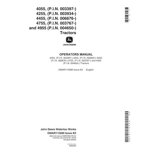 JD-OMAR110280 Manual del operador del tractor John Deere 4055, 4255, 4455, 4755, 4955 SN 003397 (OMAR110280)