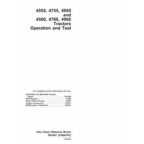 TM1461 John Deere 4555, 4755, 4955, 4560, 4760, 4960 tractor operation and test technical manual (TM1461)
