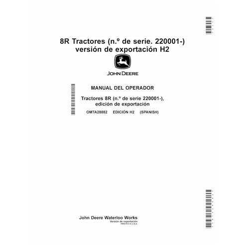 JD-OMTA28882-ES Manual do operador do trator John Deere 8R370, 8R 250, 8R280, 8R 230, 8R340, 8R310, 8R 410 SN 22001 - ES (OMT...