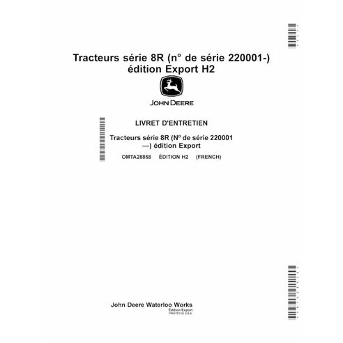 JD-OMTA28858-FR Manual del operador del tractor John Deere 8R370, 8R 250, 8R280, 8R 230, 8R340, 8R310, 8R 410 SN 22001- FR (O...