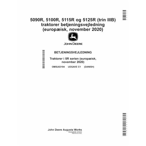 John Deere 5090R, 5125R, 5115R, 5100R Edição C1 trator pdf manual do operador DA - John Deere manuais - JD-OMSU63194-DA