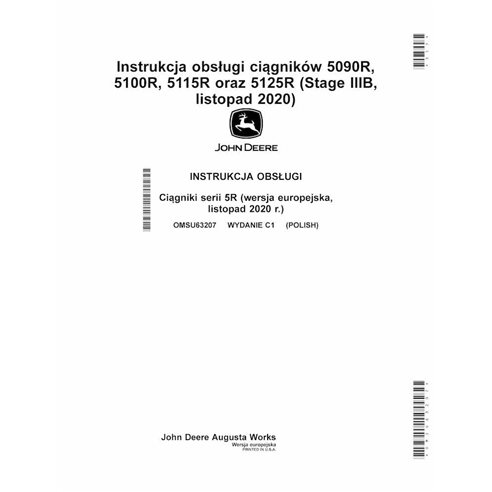 John Deere 5090R, 5125R, 5115R, 5100R Edição C1 trator pdf manual do operador PL - John Deere manuais - JD-OMSU63207-PL