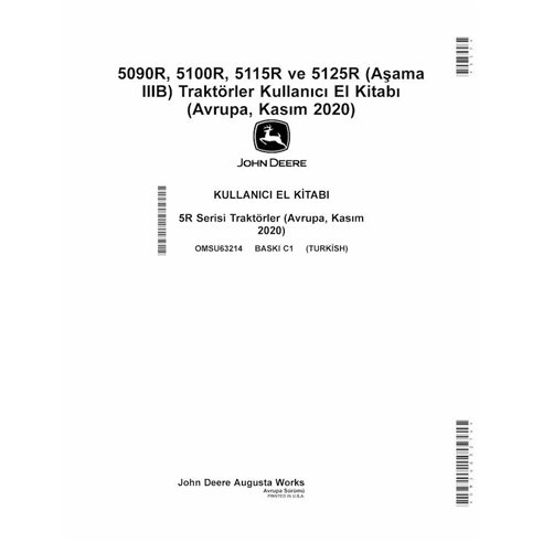 John Deere 5090R, 5125R, 5115R, 5100R Edição C1 trator pdf manual do operador TR - John Deere manuais - JD-OMSU63214-TR