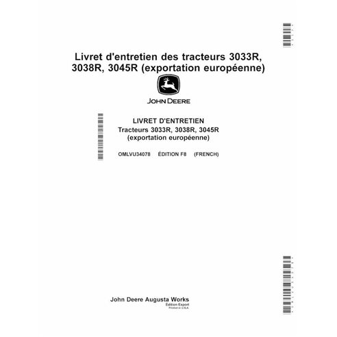 John Deere 3033R, 3045R, 3038R Edição F8 trator pdf manual do operador FR - John Deere manuais - JD-OMLVU34078-FR