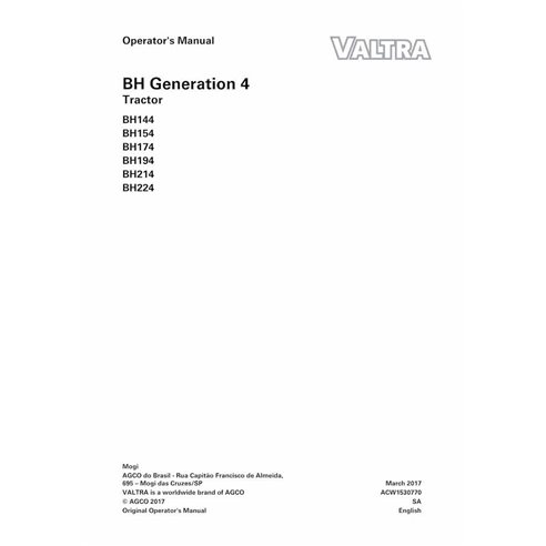 Valtra BH144, BH154, BH174, BH194, BH214, BH224 manuel d'utilisation du tracteur pdf - Valtra manuels - VALTRA-ACW1530770-EN