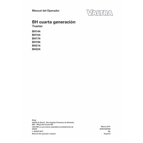 Valtra BH144, BH154, BH174, BH194, BH214, BH224 tractor pdf manual del operador ES - Valtra manuales - VALTRA-ACW1530760-ES