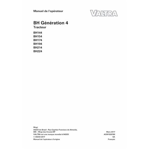 Valtra BH144, BH154, BH174, BH194, BH214, BH224 tracteur manuel d'utilisation pdf FR - Valtra manuels - VALTRA-ACW1530780-FR