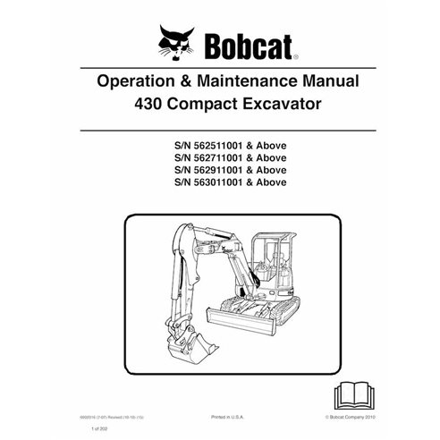 Bobcat 430 compact excavator pdf operation and maintenance manual  - BobCat manuals - BOBCAT-6902316-OM-EN