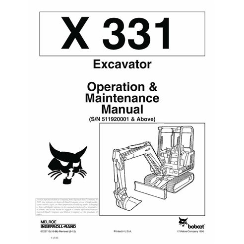 Bobcat X331 compact excavator pdf operation and maintenance manual  - BobCat manuals - BOBCAT-6722716-OM-EN