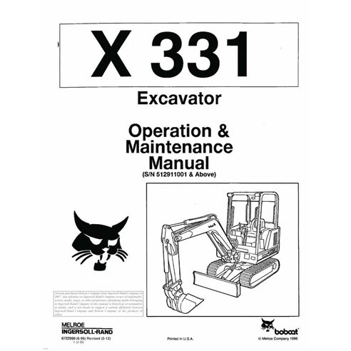 Bobcat X331 compact excavator pdf operation and maintenance manual  - BobCat manuals - BOBCAT-6722999-OM-EN