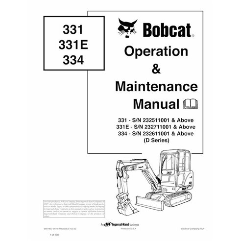 Bobcat 331, 331E, 334 compact excavator pdf operation and maintenance manual  - BobCat manuals - BOBCAT-6901957-OM-EN
