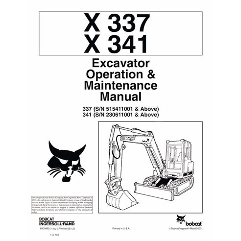 Bobcat X337, X441 compact excavator pdf operation and maintenance manual  - BobCat manuals - BOBCAT-6900662-OM-EN