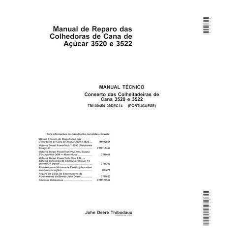TM100545-2104-PT Manual técnico de reparación de la cosechadora John Deere 3520, 3522 PT (TM100545)