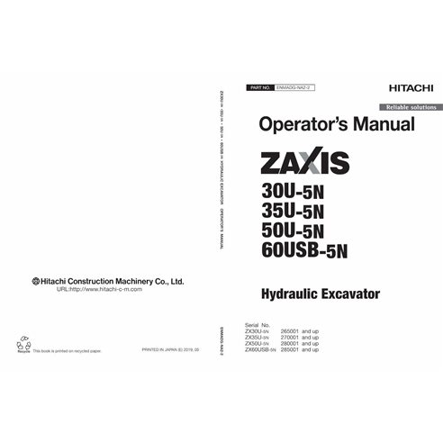 Hitachi ZX 30U-5N, 35U-5N, 50U-5N, 60USB-5N manuel de l'opérateur pdf - Hitachi manuels - HITACHI-ENMADGNA22-EN