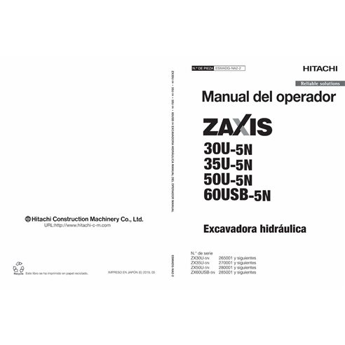 Hitachi ZX 30U-5N, 35U-5N, 50U-5N, 60USB-5N excavator pdf operator's manual ES - Hitachi manuals - HITACHI-ESMADGNA22-ES