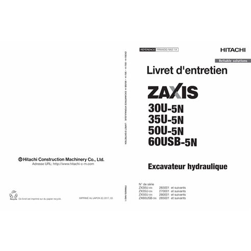 Hitachi ZX 30U-5N, 35U-5N, 50U-5N, 60USB-5N escavadeira pdf manual do operador FR - Hitachi manuais - HITACHI-FRMADGNA21A-FR