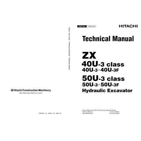 Manual técnico da escavadeira Hitachi ZX 40U-3, 40U-3F, 50U-3, 50U-3F pdf - Hitachi manuais - HITACHI-T1NGE00-EN