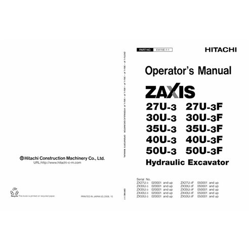 Hitachi ZX 27U-3, 30U-3, 35U-3, 40U-3, 50U-3 manual del operador del pdf de la excavadora - Hitachi manuales - HITACHI-EM1NE1...