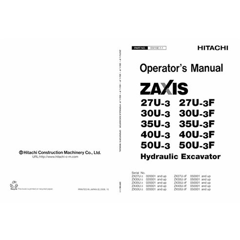 HITACHI-EM1NE11 Hitachi ZX 27U-3, 30U-3, 35U-3, 40U-3, 50U-3 excavator pdf operator's manual