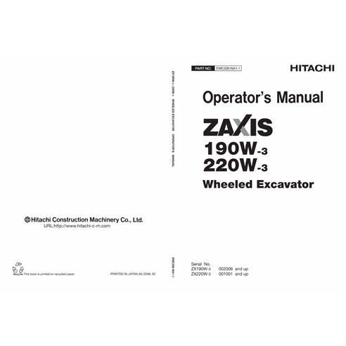 Hitachi ZX 180W-3, 220W-3 excavator pdf operator's manual  - Hitachi manuals - HITACHI-EMCGBNA11-EN