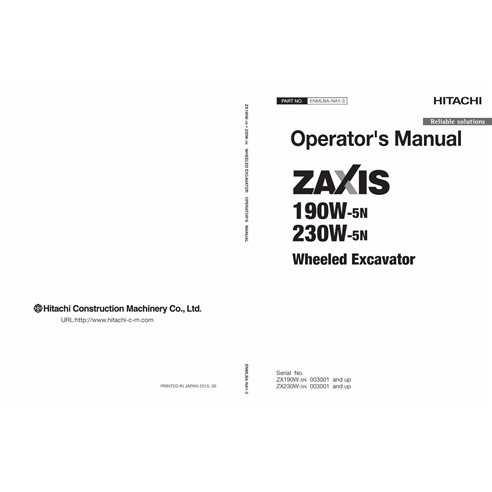 Hitachi ZX 190W-5N, 230W-5N excavator pdf operator's manual  - Hitachi manuals - JD-ENMLBANA13-EN