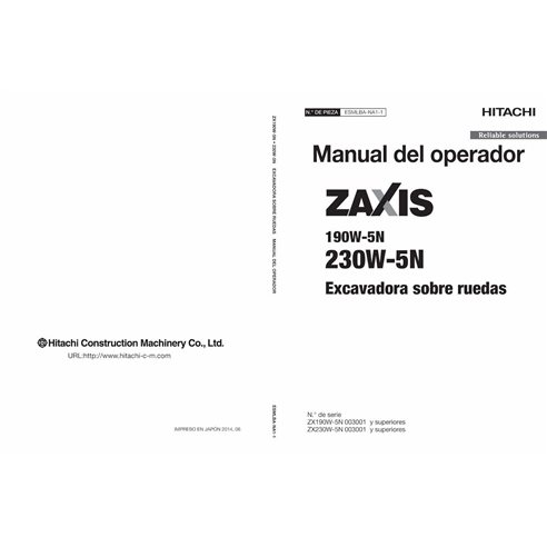 Hitachi ZX 190W-5N, 230W-5N pelle pdf manuel d'utilisation ES - Hitachi manuels - JD-ESMLBANA11-ES