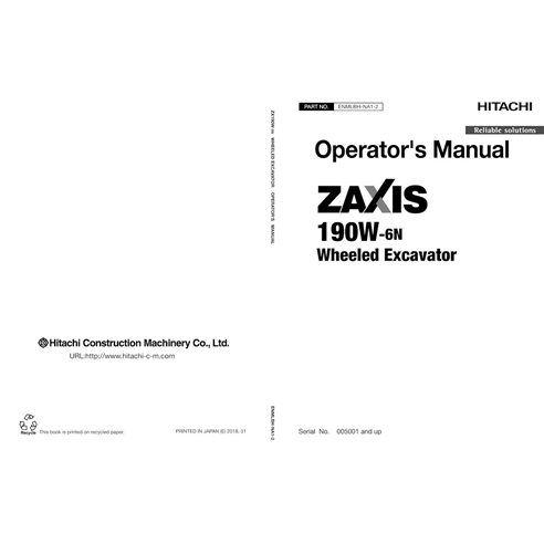 Hitachi ZX 190W-6N manuel d'utilisation de l'excavatrice pdf - Hitachi manuels - HITACHI-ENMLBHNA12-EN