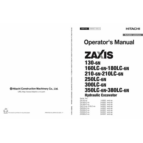 Manuel de l'opérateur Hitachi 130, 160LC, 180LC, 210, 210LC, 250LC, 300LC, 350LC, 380LC 6N pdf - Hitachi manuels - HITACHI-EN...