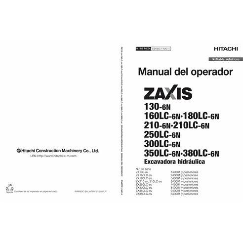 Hitachi 130, 160LC, 180LC, 210, 210LC, 250LC, 300LC, 350LC, 380LC 6N excavadora pdf manual del operador ES - Hitachi manuales...