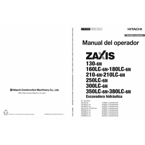 Hitachi 130, 160LC, 180LC, 210, 210LC, 250LC, 300LC, 350LC, 380LC escavadeira 6N pdf manual do operador ES - Hitachi manuais ...