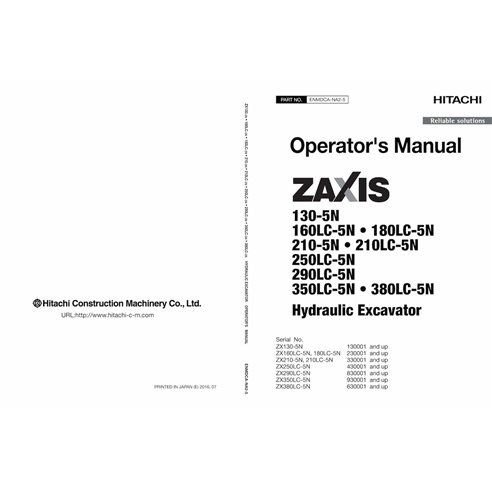 Manuel de l'opérateur Hitachi 130, 160LC, 180LC, 210, 210LC, 250LC, 300LC, 350LC, 380LC 5N pdf - Hitachi manuels - HITACHI-EN...