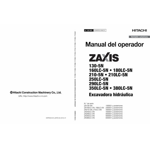 Hitachi 130, 160LC, 180LC, 210, 210LC, 250LC, 300LC, 350LC, 380LC 5N excavadora pdf manual del operador ES - Hitachi manuales...