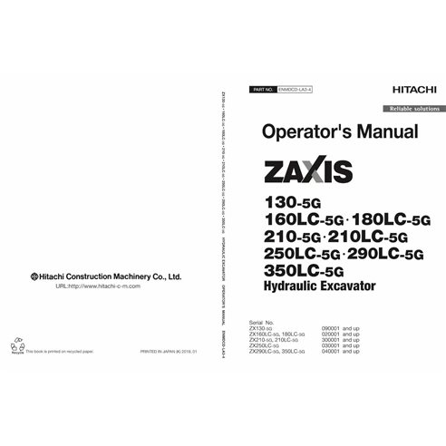 Hitachi 130, 160LC, 180LC, 210, 210LC, 250LC, 300LC, 350LC, 380LC 5G manuel de l'opérateur pdf - Hitachi manuels - HITACHI-EN...