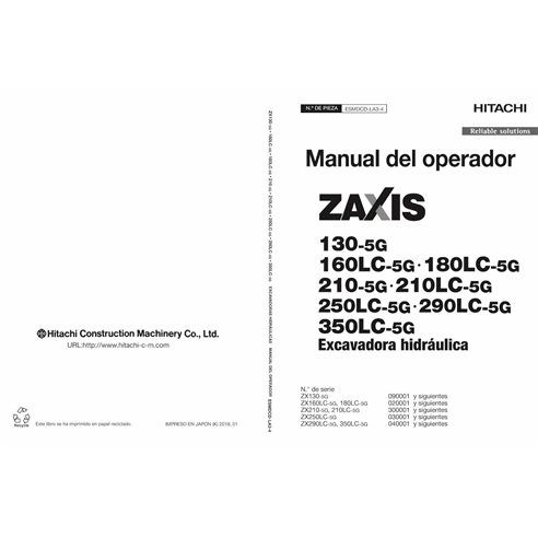 Hitachi 130, 160LC, 180LC, 210, 210LC, 250LC, 300LC, 350LC, 380LC 5G excavadora pdf manual del operador ES - Hitachi manuales...